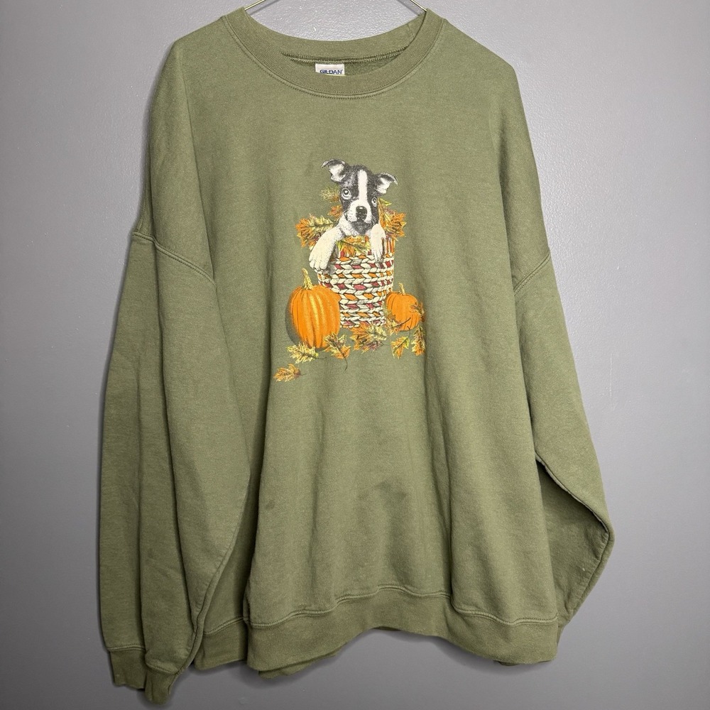 Women's Size 3x Fall Time Crewneck Puppy Dog Fall Pumpkin‎ Basket Green